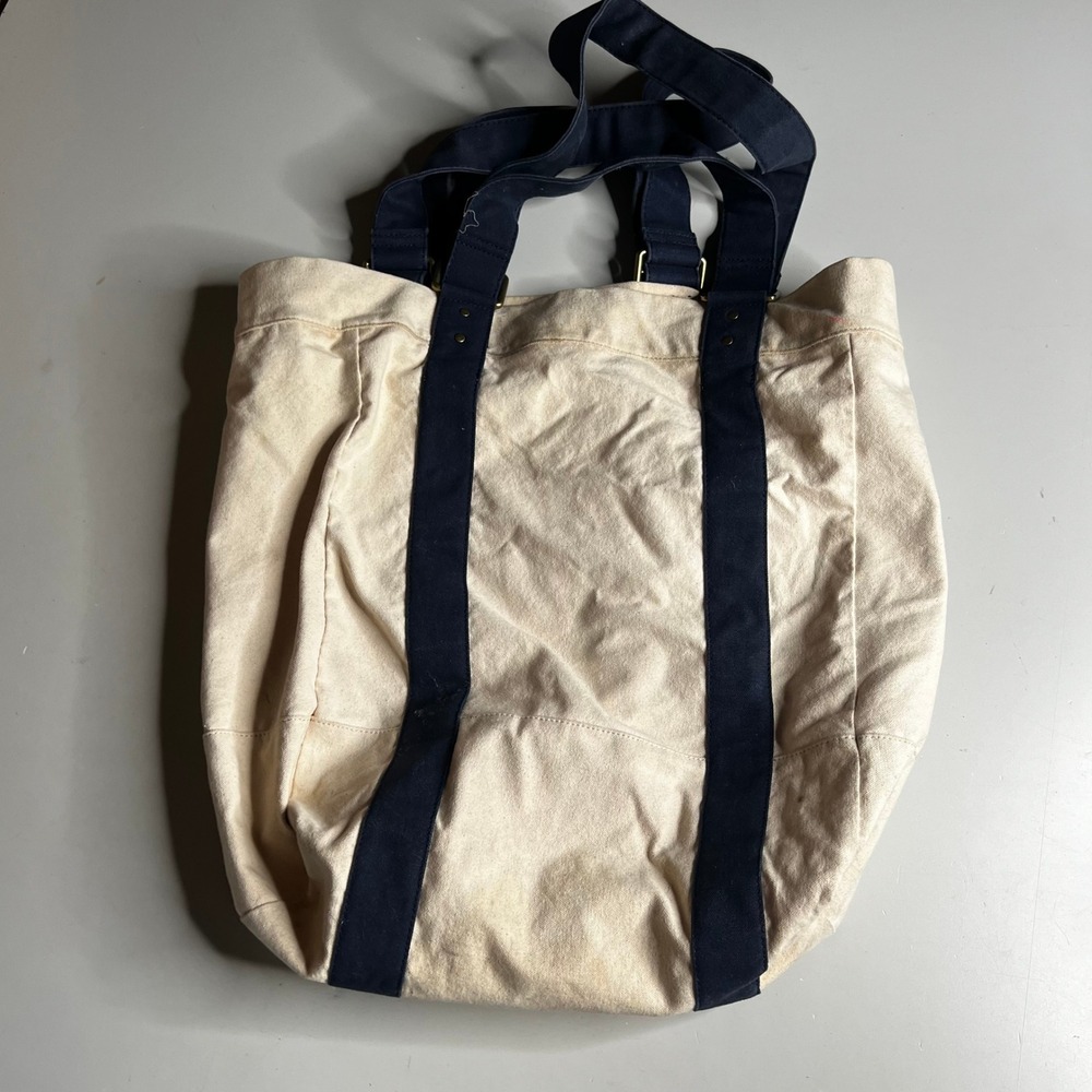 J.Crew Canvas Tote Bag Cream Navy Blue AH604 Large Travel Beach Carryall